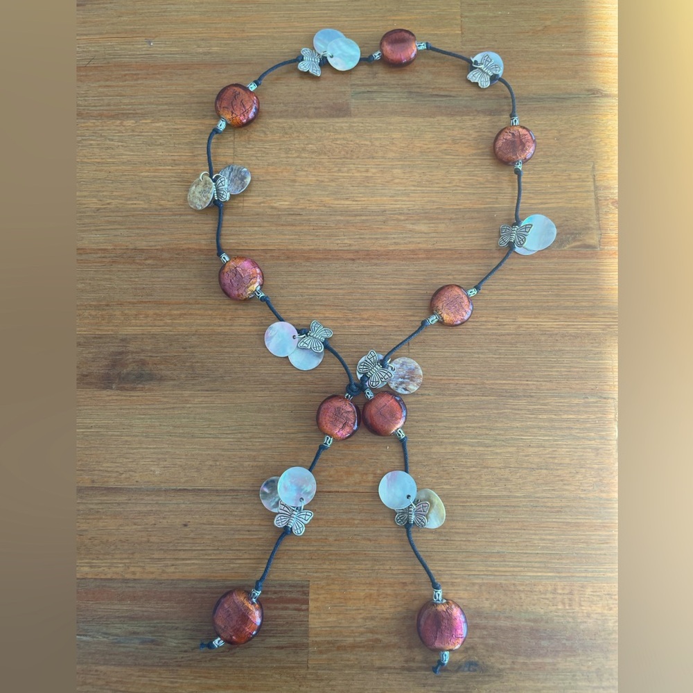 Handmade Champagne Pink Foil Lined Glass Bead Lariat Necklace w/ Butterflies